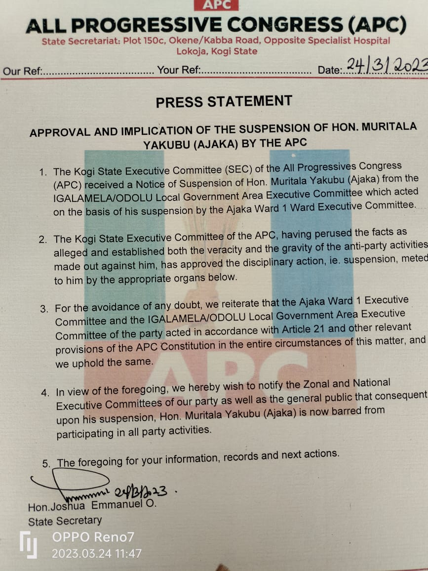 Kogi APC approves suspension of NWC member, Murtala Yakubu