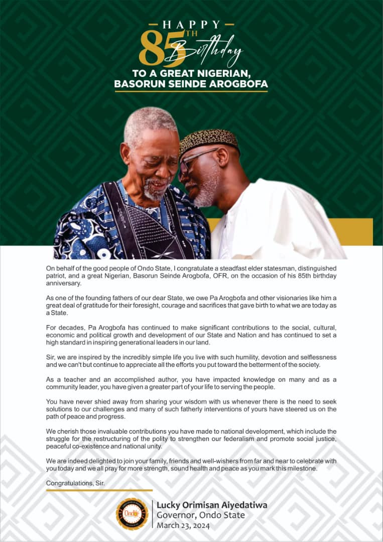 @85: Governor Aiyedatiwa celebrates Seinde Arogbofa