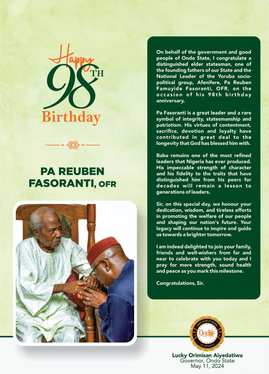 Gov Aiyedatiwa celebrates Pa Reuben Fasoranti at 98