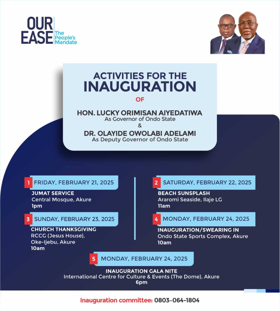 Ondo State gears up for Governor Aiyedatiwa’s inauguration, schedule of events released